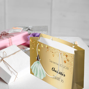 Sweet 16 gold stars green dress large gift bag