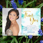 Sweet 16 Gold Turquoise Watercolor Photo Modern Thank You Card<br><div class="desc">“Thank you”. Here’s a fun, sparkly way for the birthday girl to show her appreciation to all who supported her milestone event! Send out this stunning, simple, festive, modern, personalised thank you note. Her photo on the left side and on the right, sparkly faux gold foil, tiny confetti glitter dots...</div>