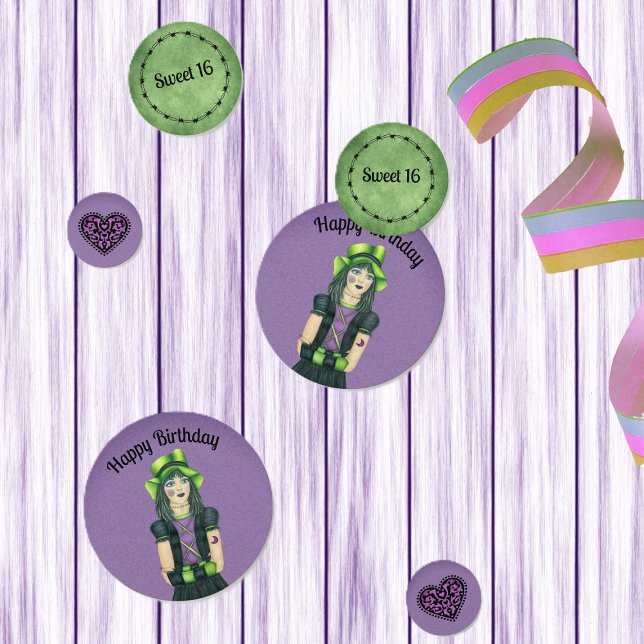 Sweet 16 Goth Girl Birthday Green Purple Spooky Confetti (Sweet 16 birthday Goth girl green hat tattoos on purple and green table confetti with hearts.)