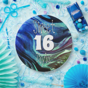 Sweet 16 Green & Blue Marble Personalized Paper Plate
