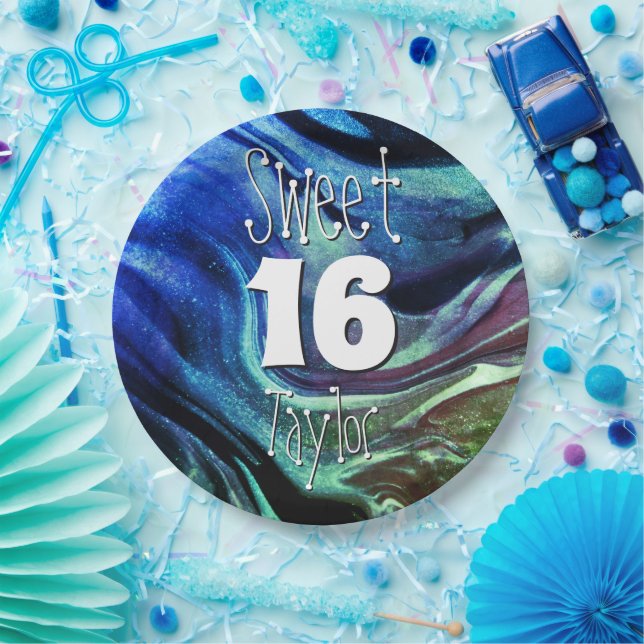 Sweet 16 Green & Blue Marble Personalized Paper Plate (Party)