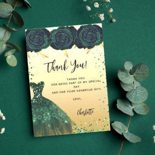 Sweet 16 green dress flowers thank you card