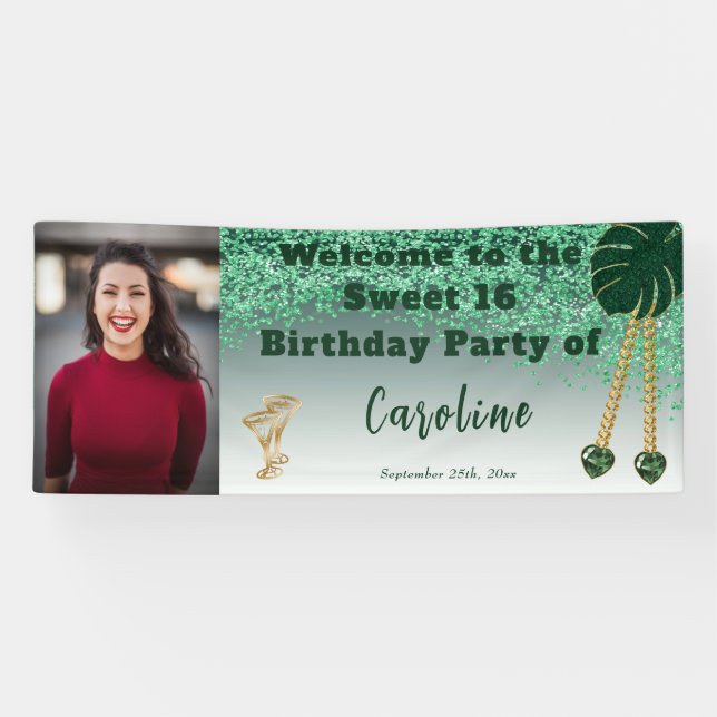 Sweet 16 Green Glitter, Heart Gems & Photo Banner (Horizontal)