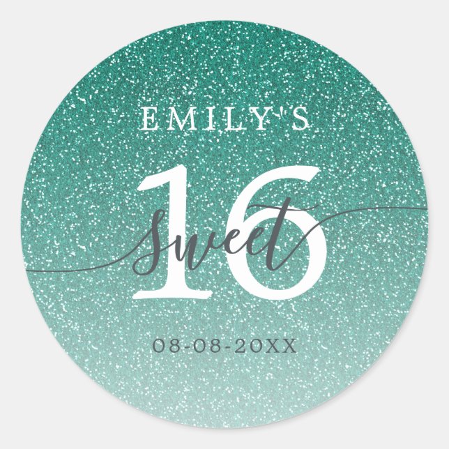 Sweet 16 Green Glitter Ombre Custom Name Date  Classic Round Sticker (Front)