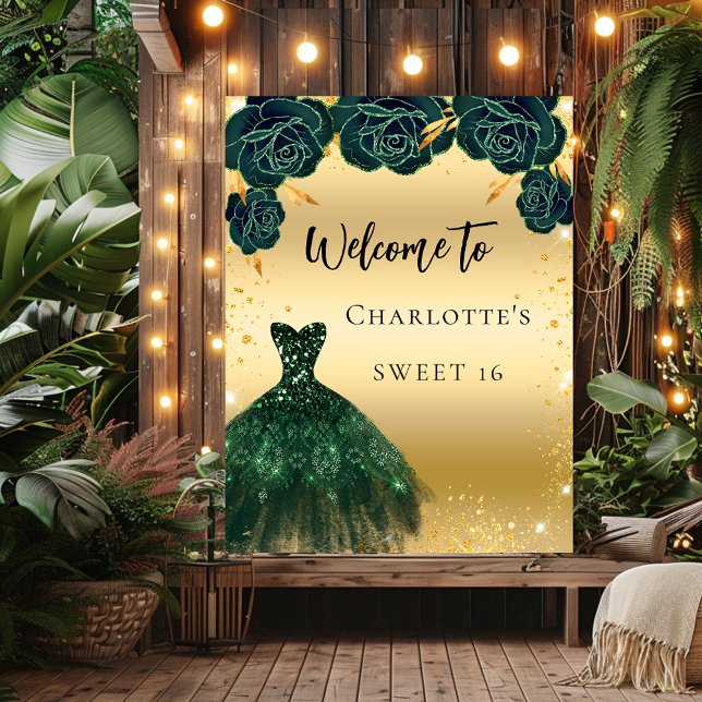 Sweet 16 green gold dress flowers welcome poster (Creator Uploaded)