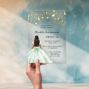 Sweet 16 green gold dress stars clear acrylic invitations