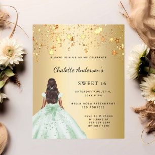 Sweet 16 green gold dress stars invitation