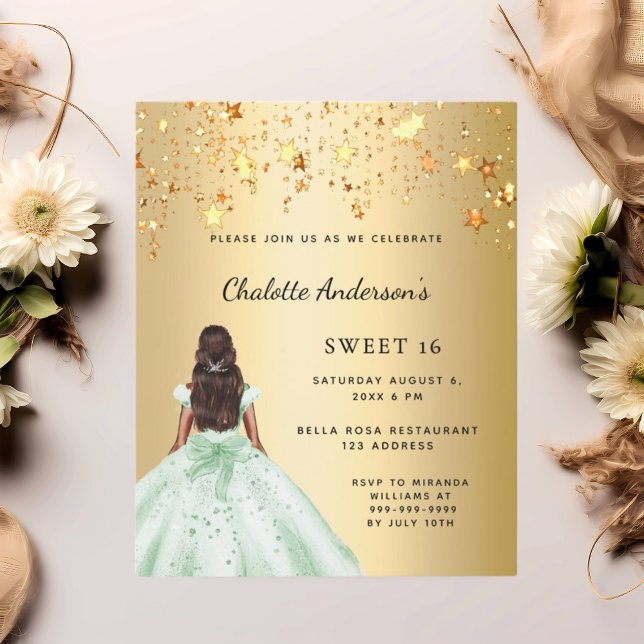 Sweet 16 green gold dress stars invitation (Creator Uploaded)