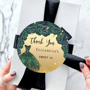 Sweet 16 green gold dress Thank You Classic Round Sticker