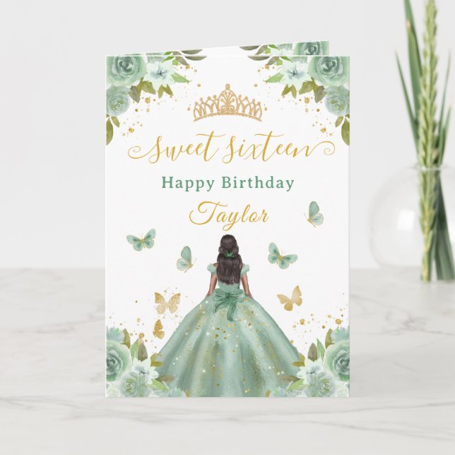 Sweet 16 Green Princess African American Girl Card (Front)