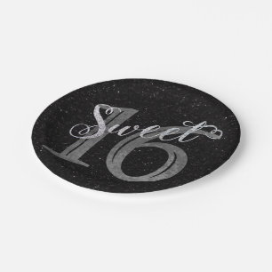 Sweet 16 Grey Grunge and Faux Silver Glitter Paper Plate