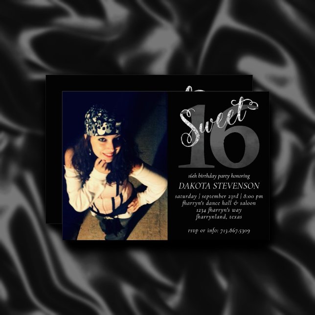 Sweet 16 | Grey Grunge Faux Silver Glitter Photo Invitation (Creator Uploaded)