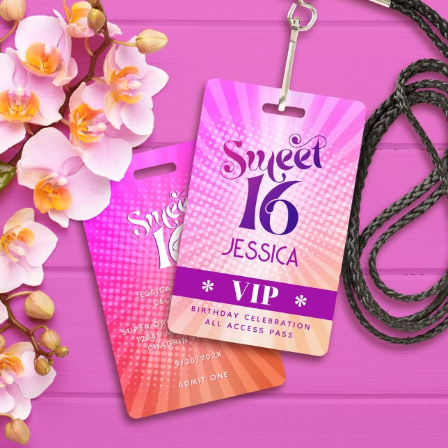 Sweet 16 Groovy Pink Orange Gradient Boho VIP Pass ID Badge (Creator Uploaded)