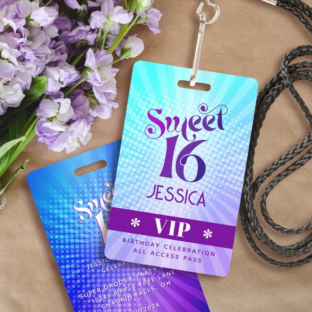 Sweet 16 Groovy Purple Blue Gradient Boho VIP Pass ID Badge (Creator Uploaded)