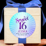 Sweet 16 Groovy Purple Blue Gradient Retro Boho Classic Round Sticker<br><div class="desc">“Happy Sweet 16”. Celebrate her birthday with this groovy boho retro, personalised round sticker. Fun, trendy, bold purple and navy blue typography with modern sans serif typography overlay a background of pop light turquoise and purple ombre gradient rays with white dots. Personalise the custom text with your daughter’s name and...</div>