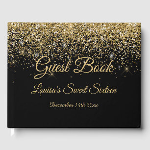 Sweet 16 Guest Book Elegant Black & Gold Glitter