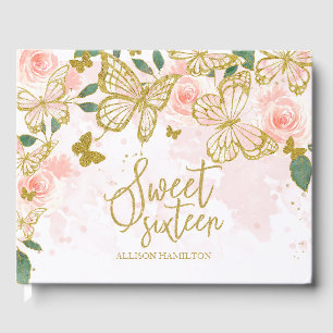 Sweet 16 Guest Book Gold Blush Butterfly Floral