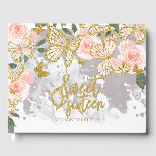 Sweet 16 Guest Book Gold Blush Butterfly Floral (Front)