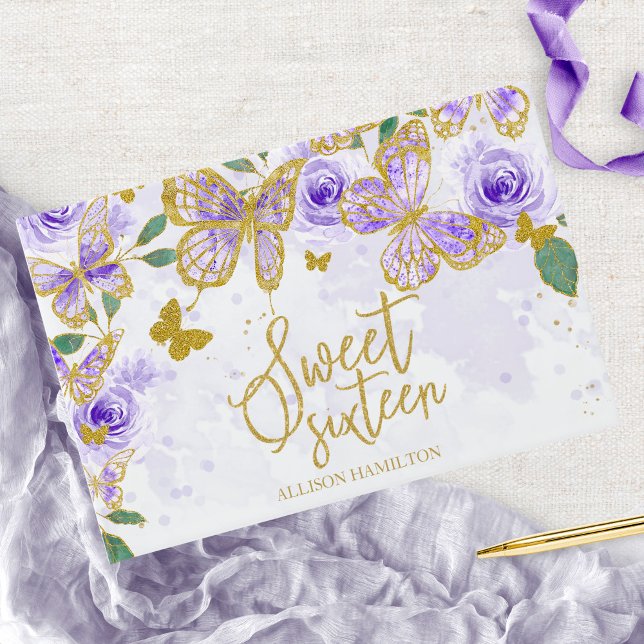 Sweet 16 Guest Book Gold Purple Butterfly Floral (Creator Uploaded)