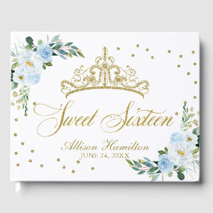 Sweet 16 Guest Book Gold Tiara Baby Blue Floral
