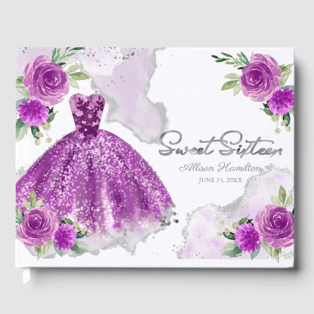 Sweet 16 Guest Book Silver Purple Gown Floral (Front)