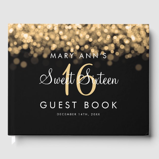 Sweet 16 Guestbook Party Shimmering Gold Lights (Front)
