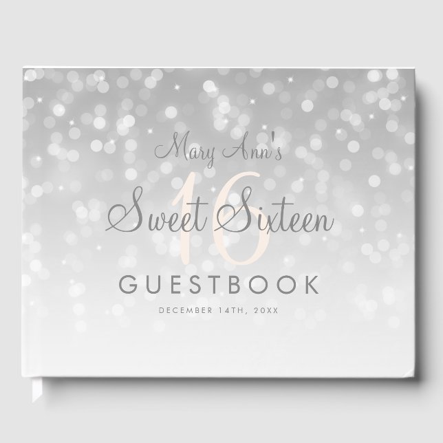 Sweet 16 Guestbook Silver Bokeh Sparkle Light (Front)