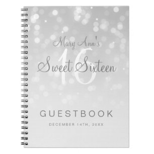 Sweet 16 Guestbook Silver Bokeh Sparkle Light Spiral Notebook