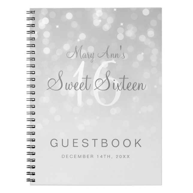 Sweet 16 Guestbook Silver Bokeh Sparkle Light Spiral Notebook (Front)