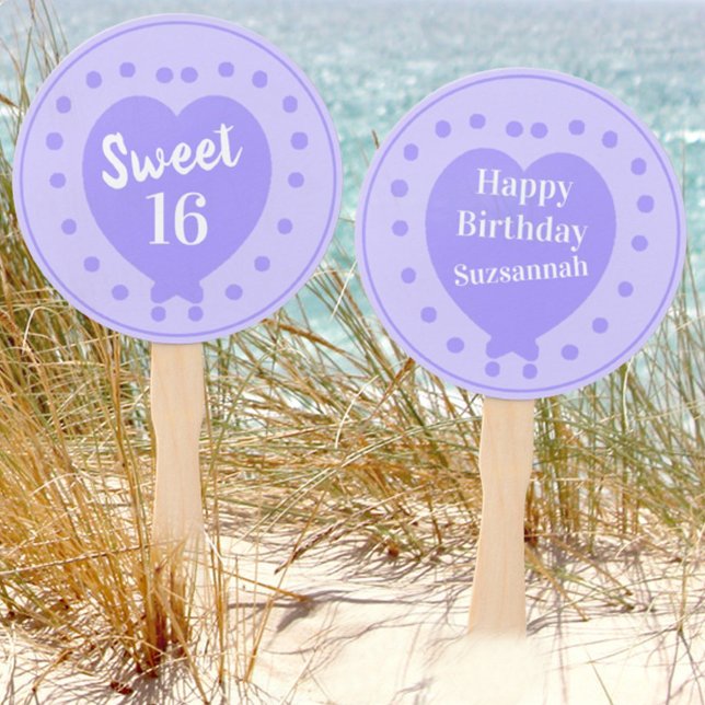 Sweet 16 Happy Birthday Purple Heart Personal Name Hand Fan (Creator Uploaded)