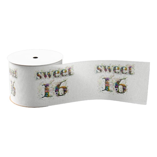 Sweet 16 Happy Birthday Wildflowers Text Grosgrain Ribbon (Spool)