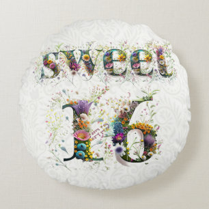 Sweet 16 Happy Birthday Wildflowers Text Round Cushion