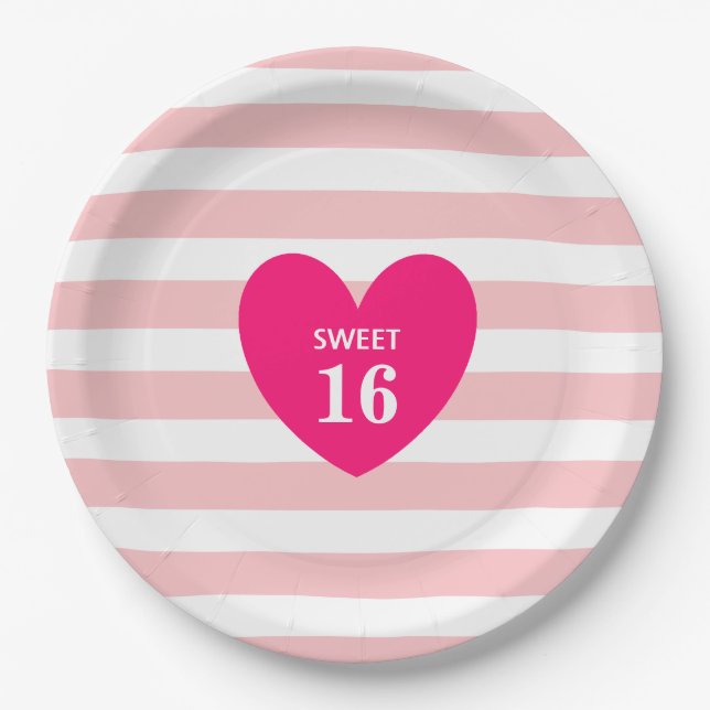 Sweet 16 Heart on Pink & White Striped  Paper Plat Paper Plate (Front)