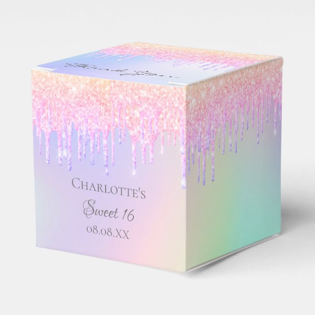 Sweet 16 holographic pink glitter drips thank you favour box (Front Side)