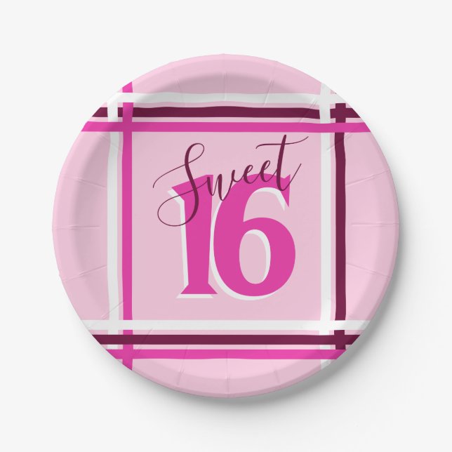SWEET 16 Hot Pink 16th Birthday Party Event Modern Paper Plate (Front)