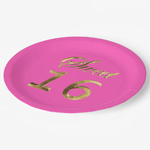 Sweet 16 Hot Pink and Gold Look Typography Elegant Paper Plate