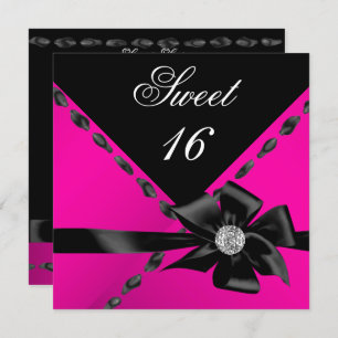 Sweet 16 Hot Pink Bow Black Birthday Party Invitation