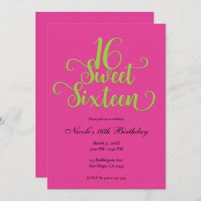 Sweet 16 Hot Pink & Lime Green Birthday Party   Invitation (Front/Back)