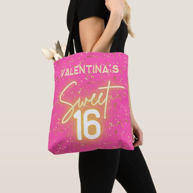  Sweet 16 Hot Pink Neon Glow Gold Glitter Birthday Tote Bag (Close Up)