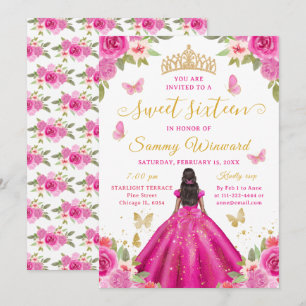 Sweet 16 Hot Pink Princess African American Girl Invitation