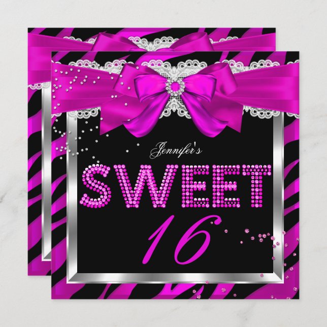 Sweet 16 Hot Pink Zebra Glitter Glam Birthday Invitation (Front/Back)