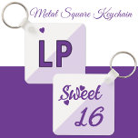 Sweet 16 initials 16th birthday purple key ring<br><div class="desc">Celebrate her 'Sweet 16' with a beautifully personalised Metal Square Keychain she’ll adore! Sleek and durable, this stylish accessory features her initials in a charming purple and white design, accented with adorable love hearts for that extra special touch. Perfect for keeping her keys safe while adding a pop of personality...</div>