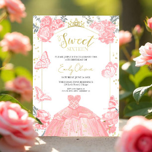  Sweet 16 Invitation Butterfly Pink Dress Floral