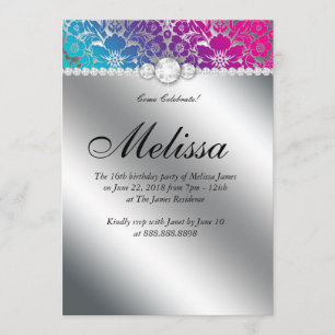 Sweet 16 Invitation Floral Damask Pink Blue Silver