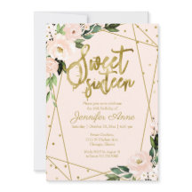 Sweet 16 Invitation Gold Foil Pink Blush Floral