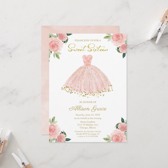 Sweet 16 Invitation Gold Foil Pink Blush Gown (Front/Back In Situ)