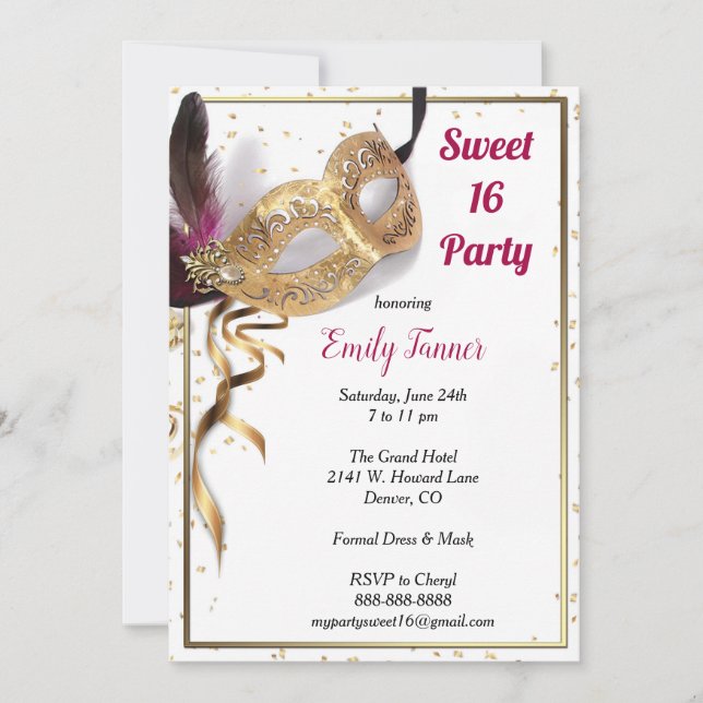 Sweet 16 Invitation Gold Glitter Mask (Front)