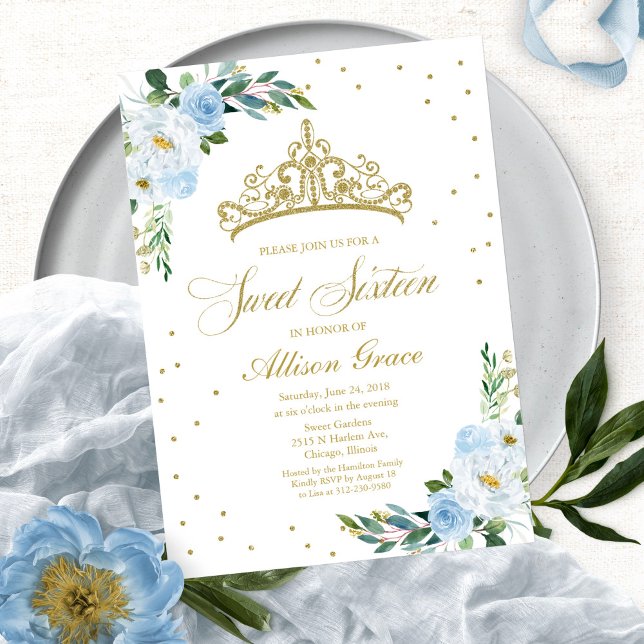 Sweet 16 Invitation Gold Tiara Dusty Blue Floral (Creator Uploaded)