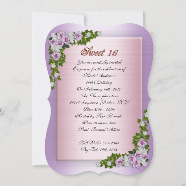 Sweet 16 Invitation Lavender roses and ivy (Front)