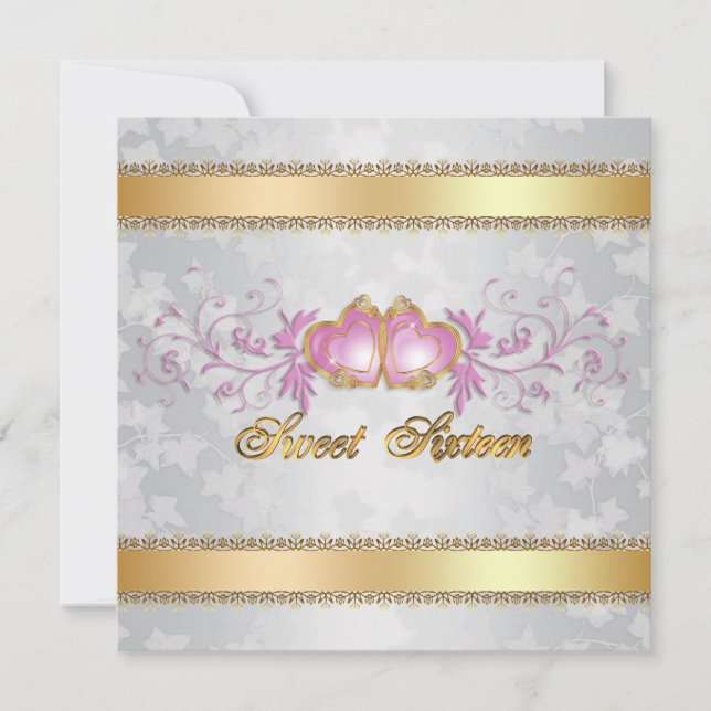 Sweet 16 Invitation satin-look with pink hearts (Front)